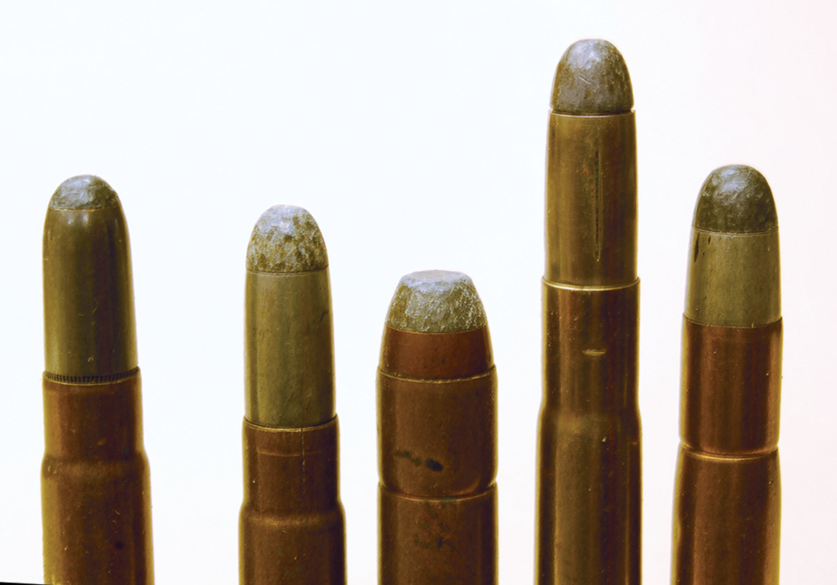Softpoint bullets used for 35 WCF (far left) did not have as much lead exposed as most others of the time.